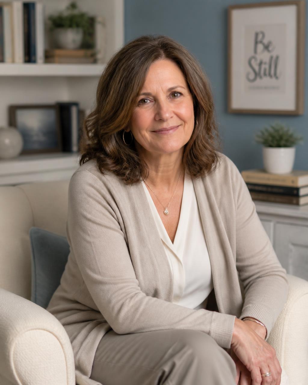[Her Name], biblical counselor, seated in a calm counseling room