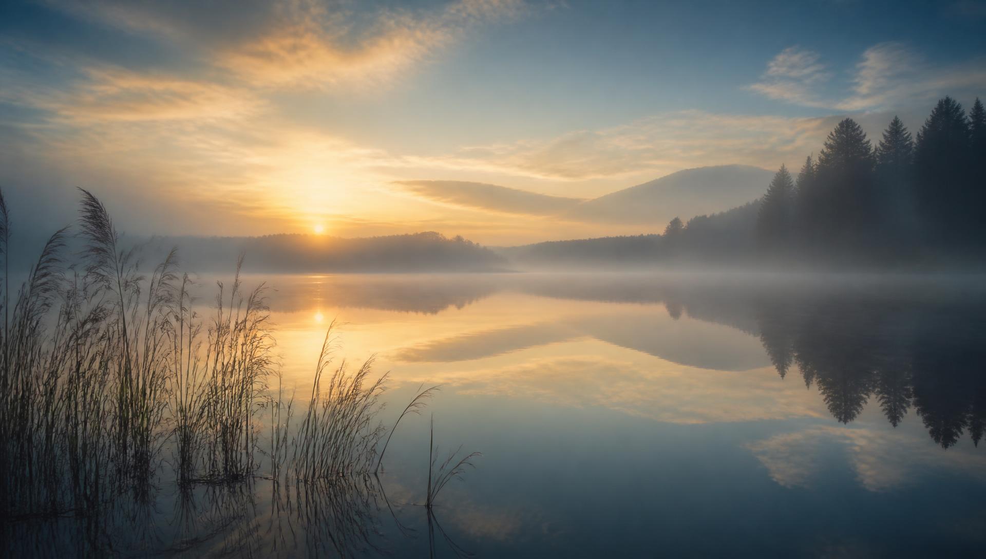 Still water at dawn beneath a soft, misted sky