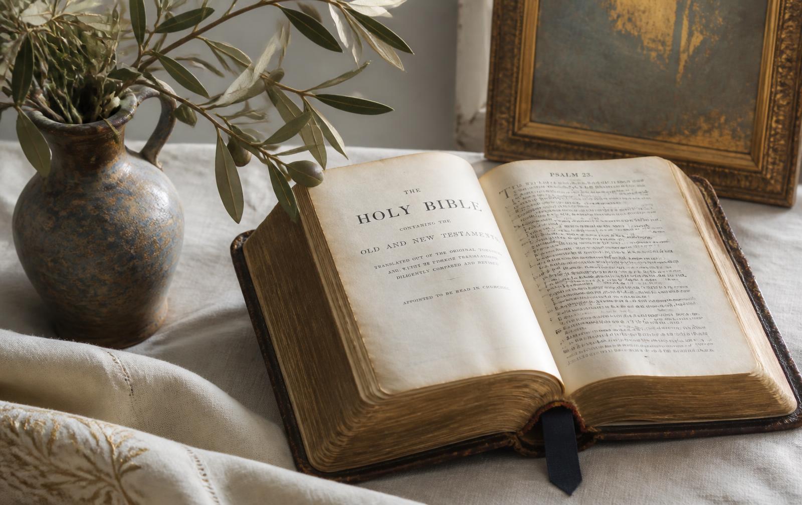 An open Bible on ivory linen beside olive branches